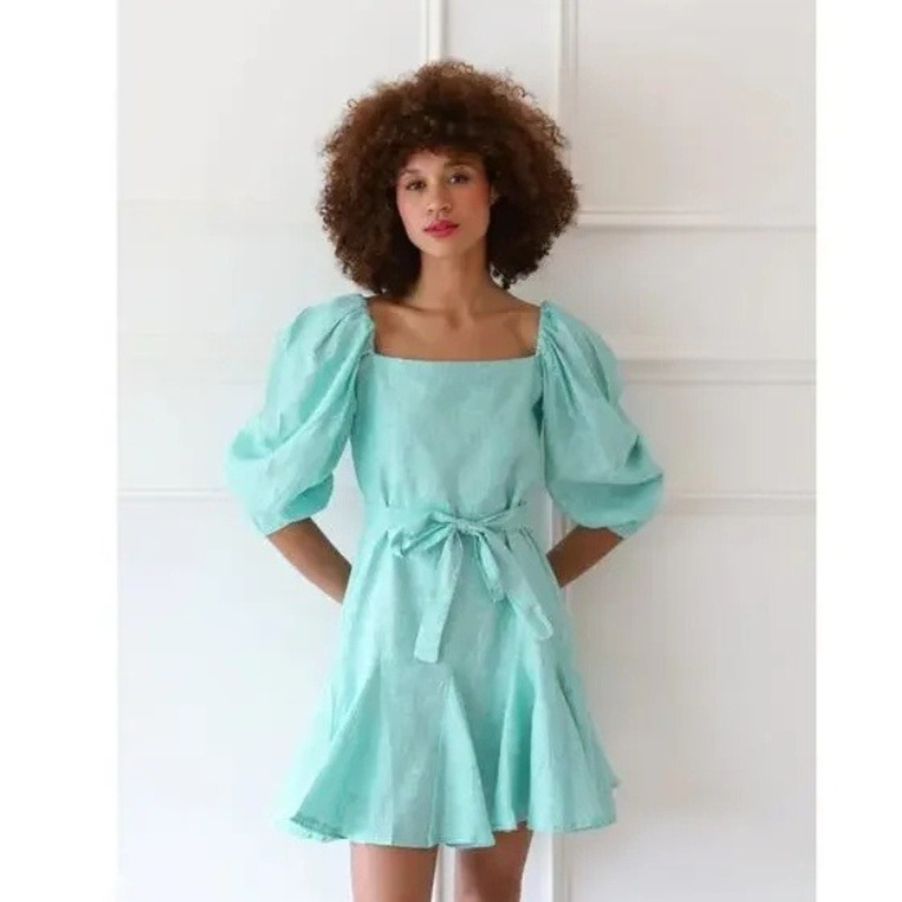 MILLE Anais Dress in Sea Glass Stripe Size XL 100% Linen Puff Sleeve Cottagecore